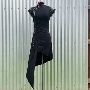Goth high low asymmetrical jersey stretch dress w Mandarin collar size Small
